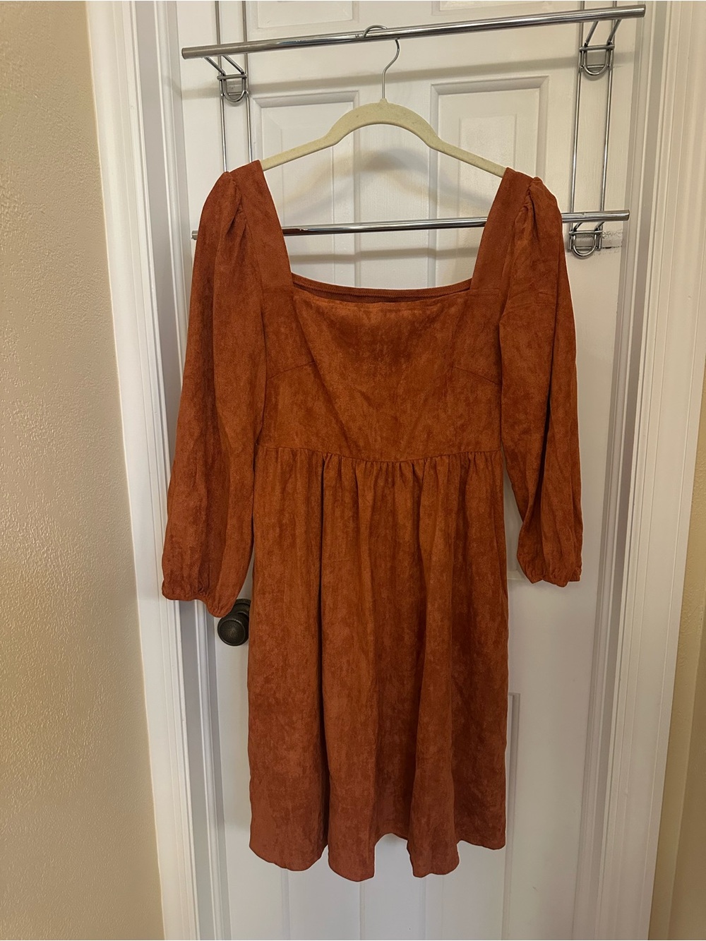 Rust Brown Square-Neck Cotton Dress - Women's